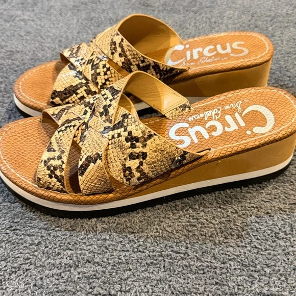 Circus by Sam Edelman Tan and Black Snake Print Wedge Sandals - Picture 2 of 6